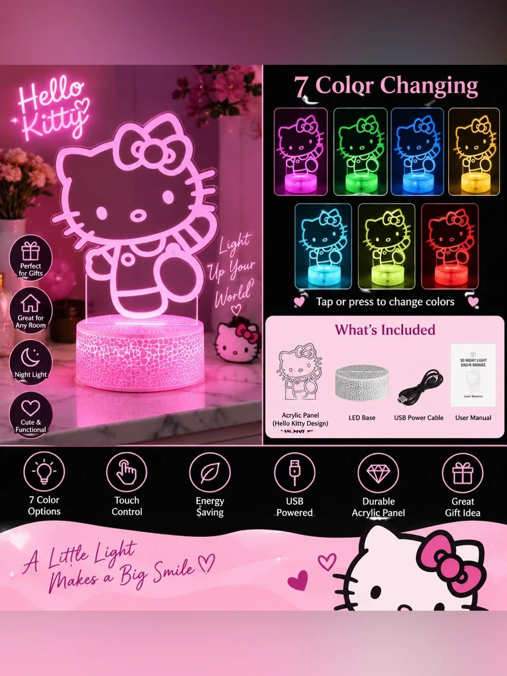 Hello Kitty Style 7-Color Changing LED Night Light – Cute Room Decor